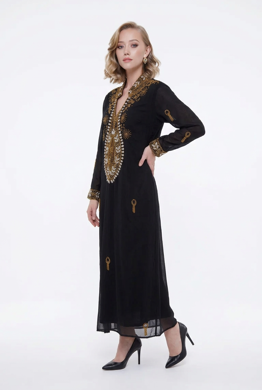 197 Chiffon Column Dress with Luxury Gold Crystal Embellishments
