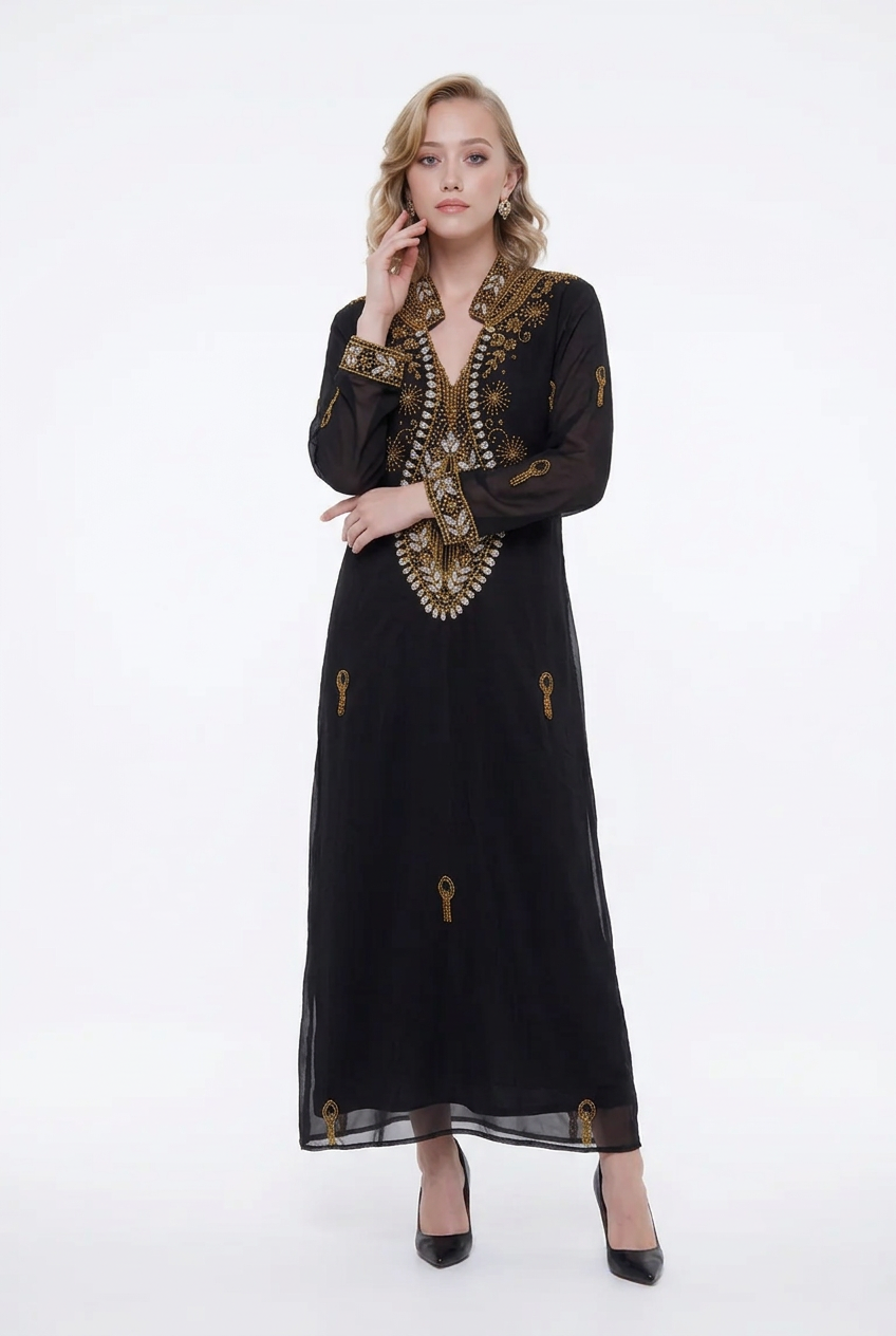 197 Chiffon Column Dress with Luxury Gold Crystal Embellishments