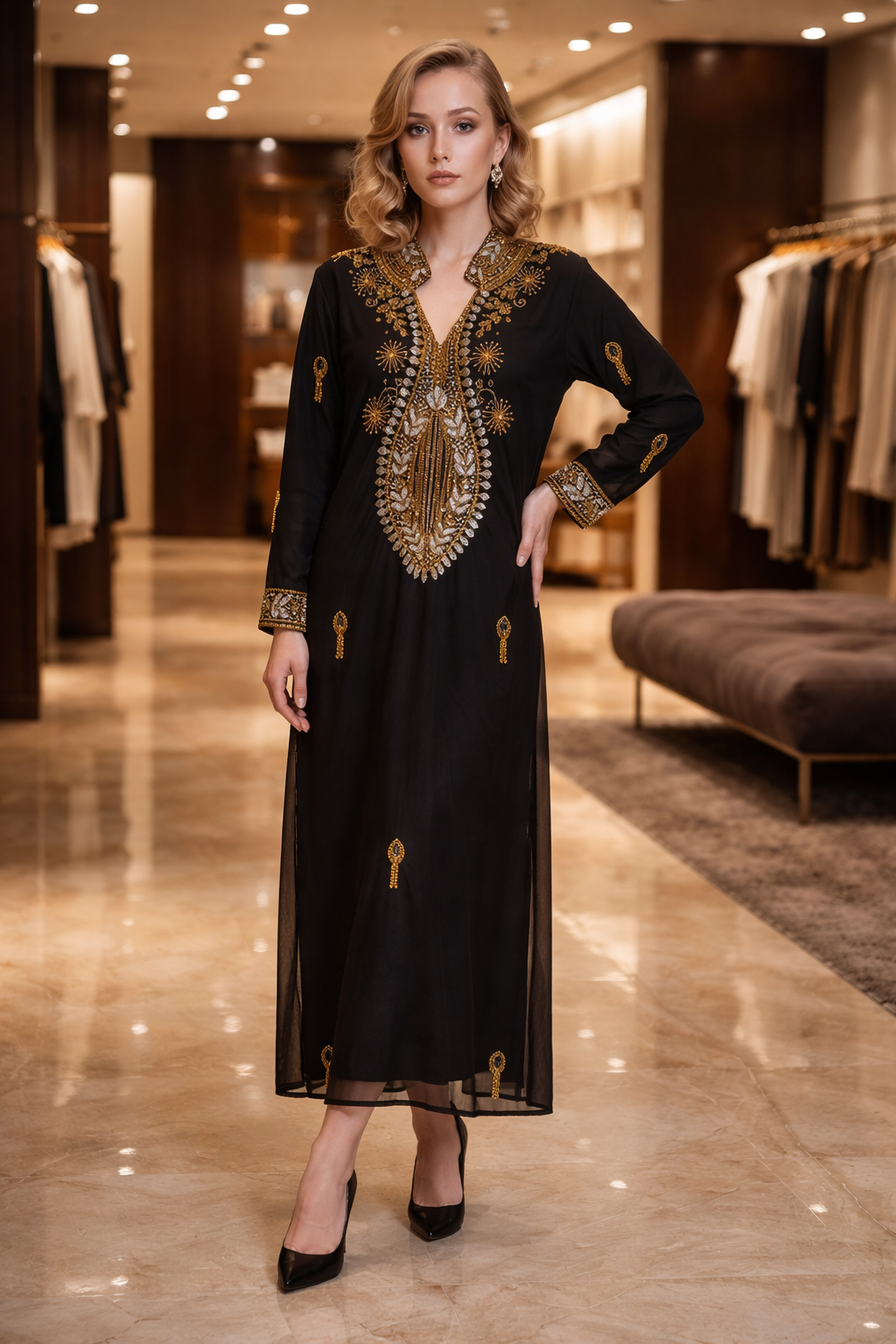 197 Chiffon Column Dress with Luxury Gold Crystal Embellishments
