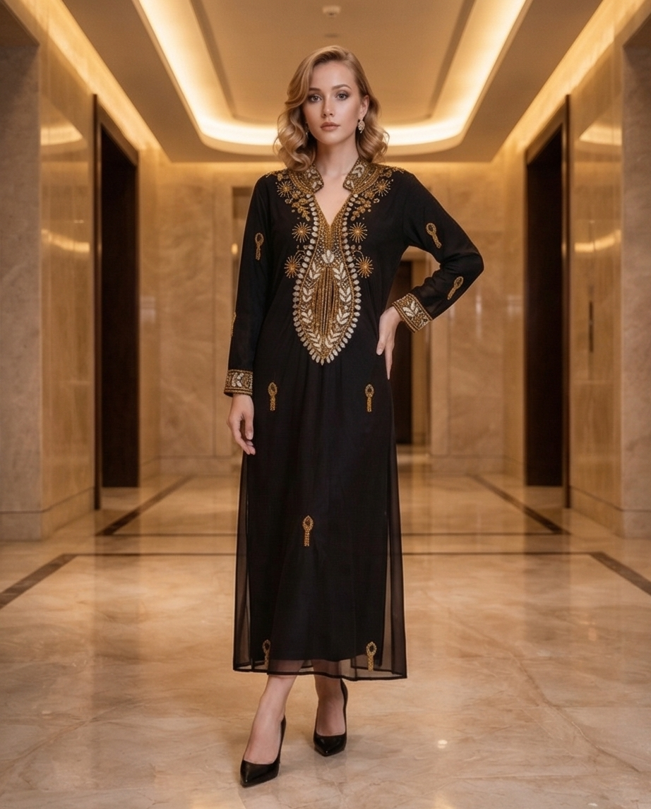197 Chiffon Column Dress with Luxury Gold Crystal Embellishments