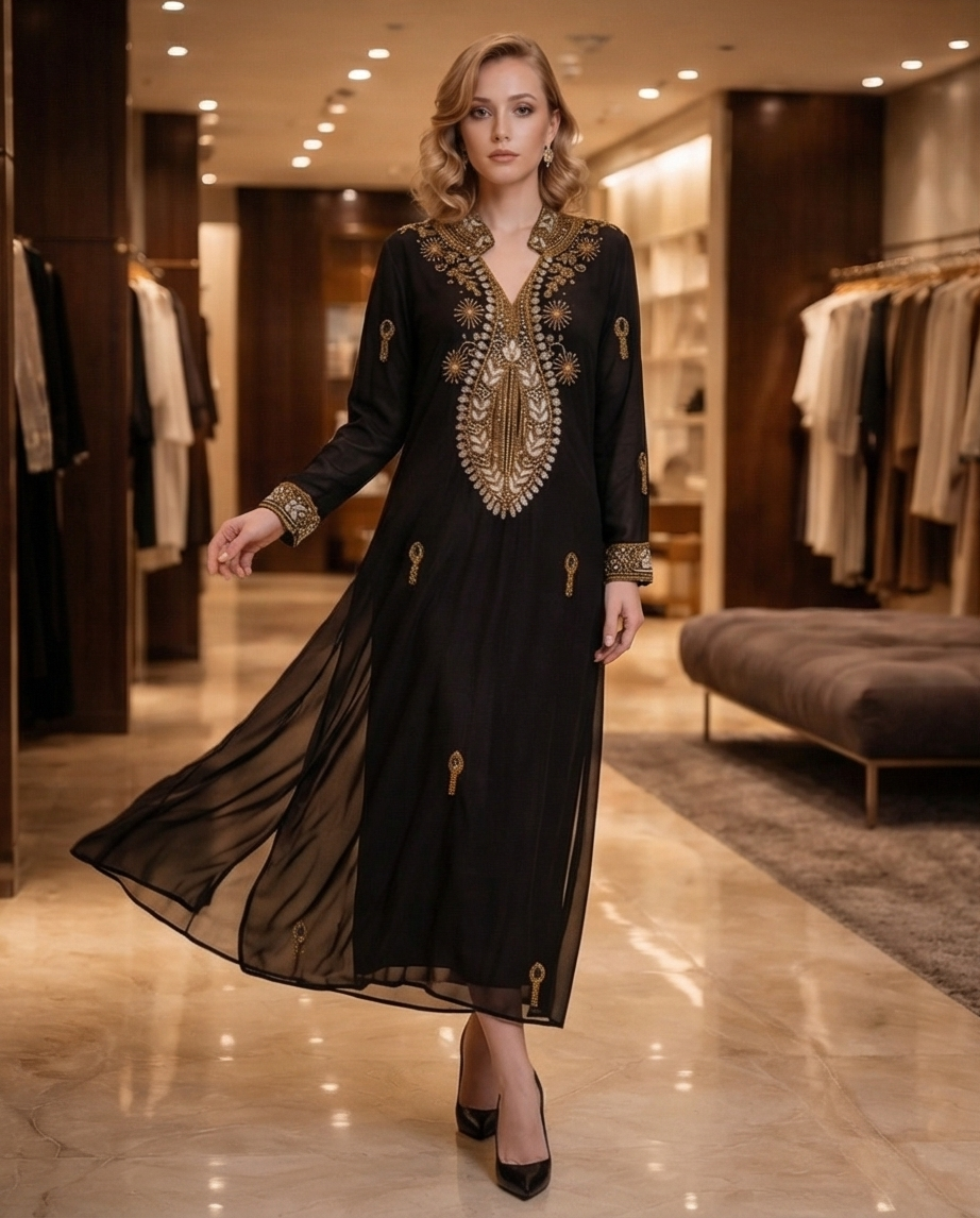 197 Chiffon Column Dress with Luxury Gold Crystal Embellishments