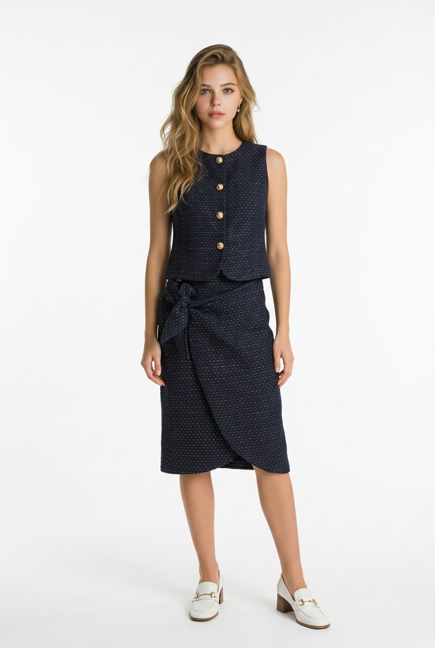 199 Navy Blue Tweed Set with Vest & Wrap Skirt with Gold Details