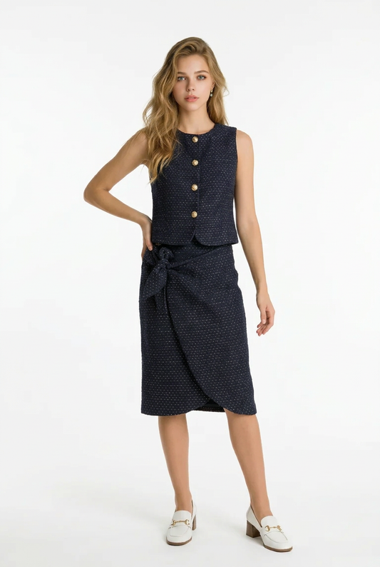 199 Navy Blue Tweed Set with Vest & Wrap Skirt with Gold Details