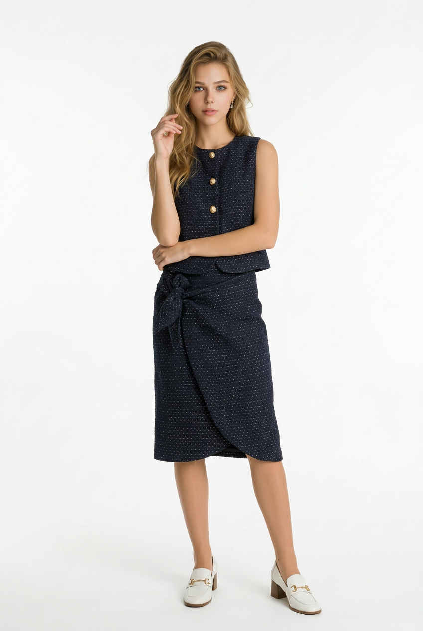 199 Navy Blue Tweed Set with Vest & Wrap Skirt with Gold Details