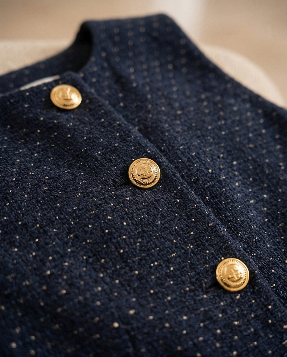 199 Navy Blue Tweed Set with Vest & Wrap Skirt with Gold Details
