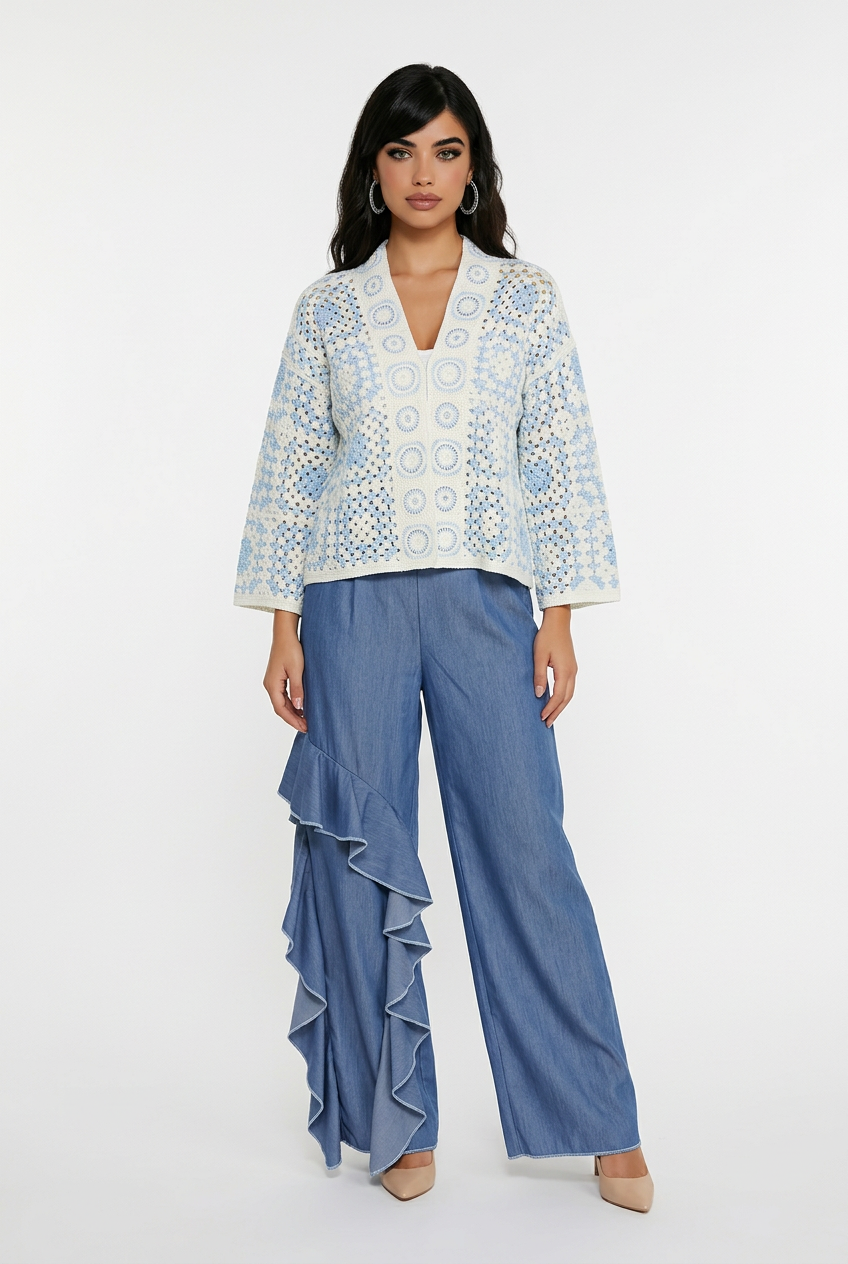 200  Soft Denim Wide-Leg Trousers with Ruffle Detail