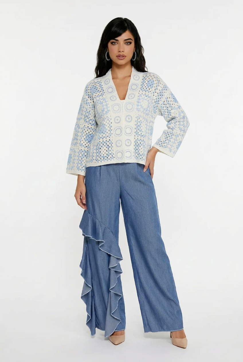 200  Soft Denim Wide-Leg Trousers with Ruffle Detail