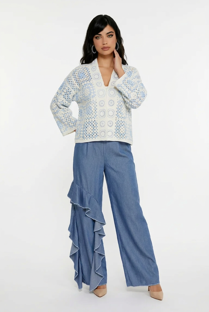 200  Soft Denim Wide-Leg Trousers with Ruffle Detail