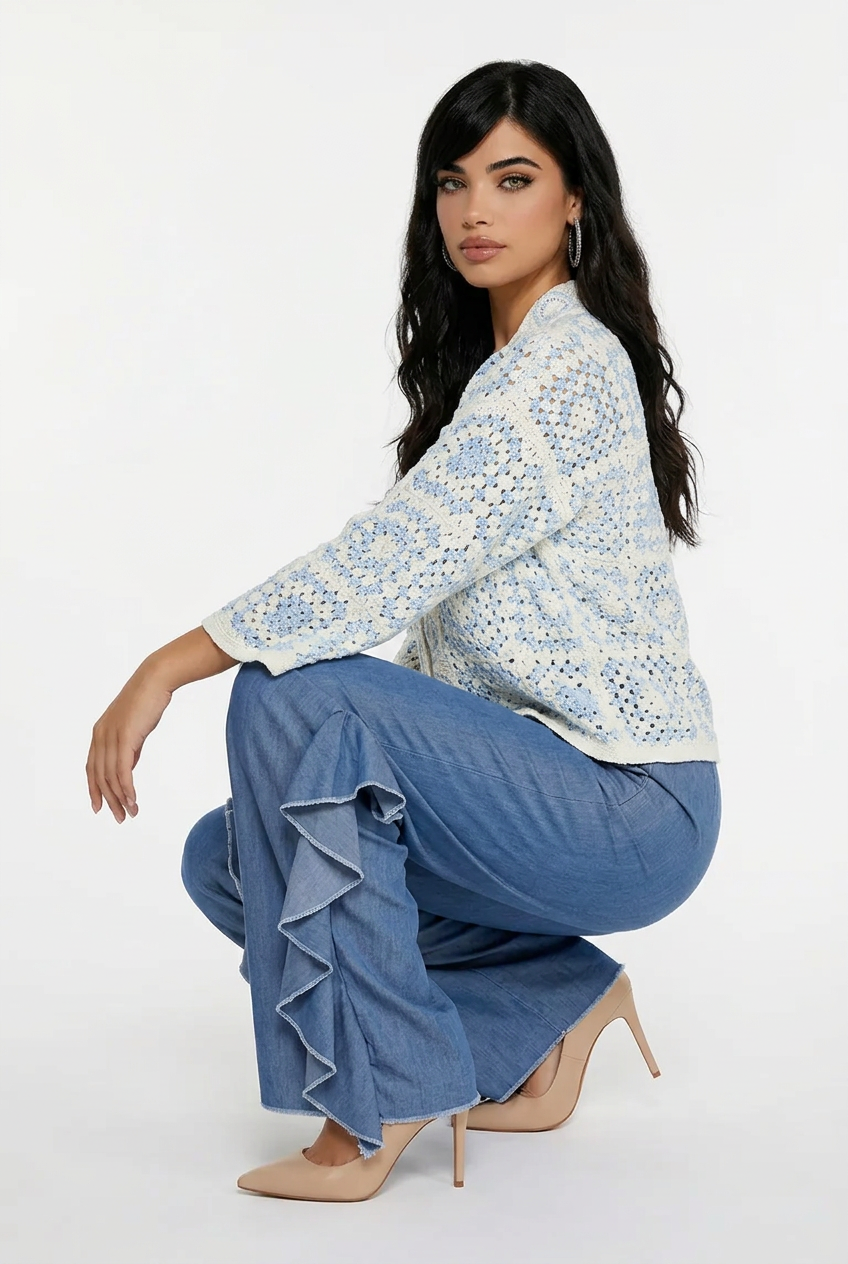 200  Soft Denim Wide-Leg Trousers with Ruffle Detail
