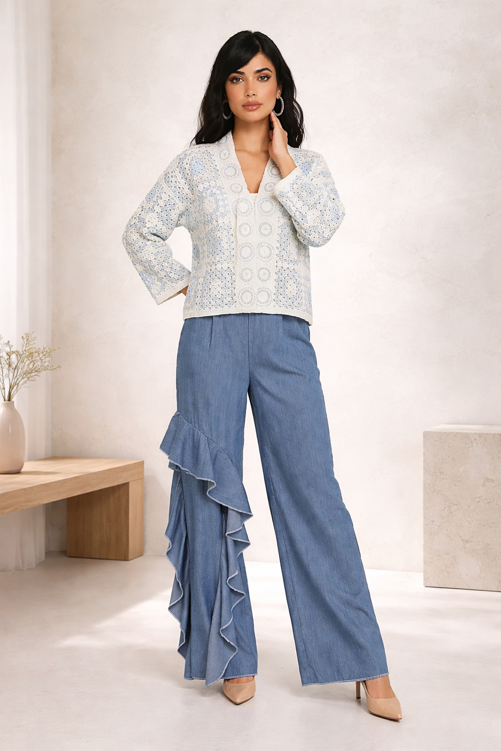 200  Soft Denim Wide-Leg Trousers with Ruffle Detail