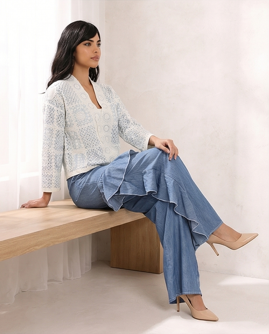 200  Soft Denim Wide-Leg Trousers with Ruffle Detail