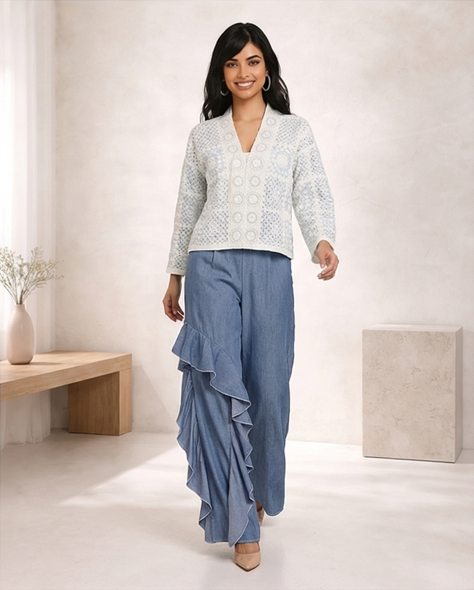 200  Soft Denim Wide-Leg Trousers with Ruffle Detail