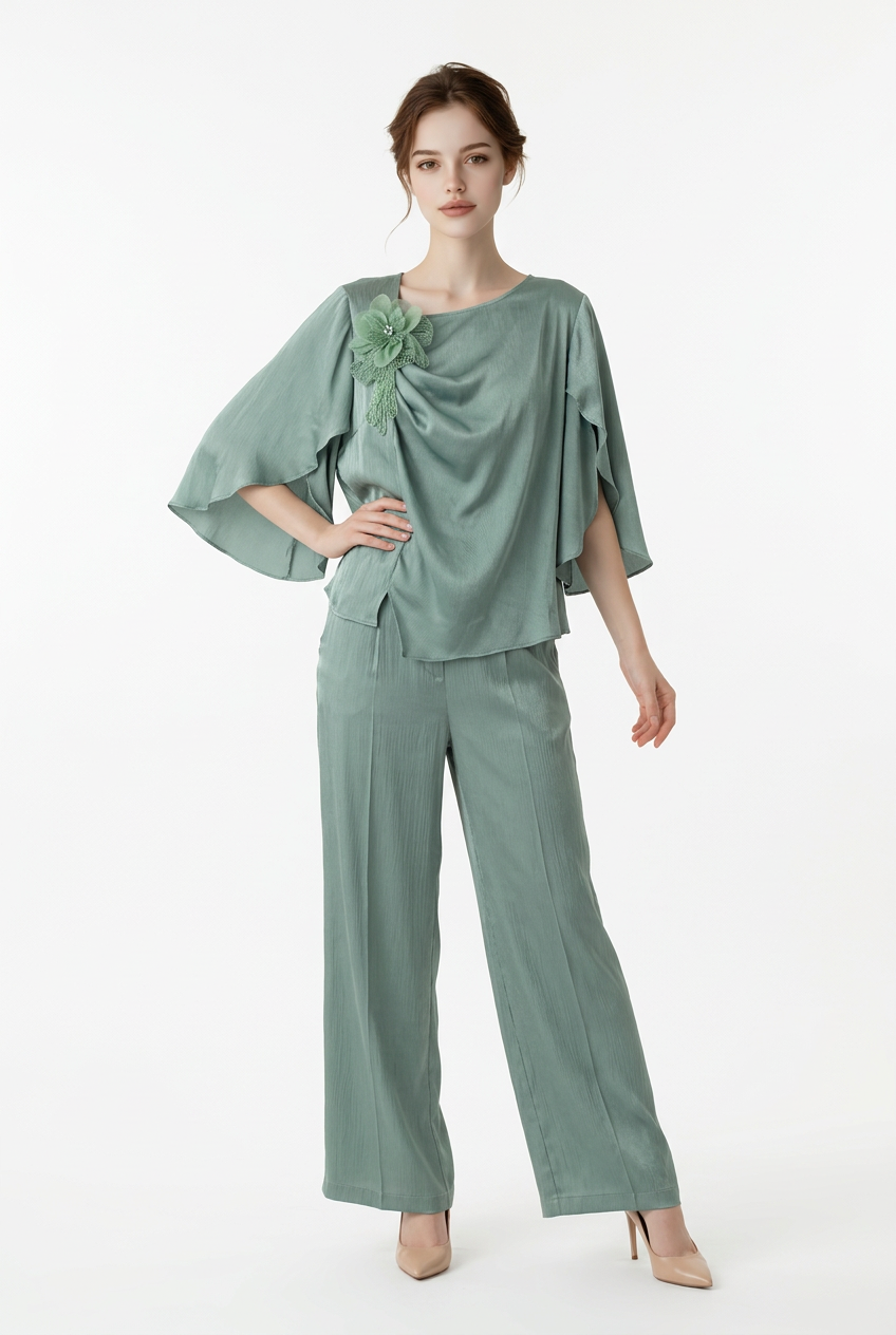 204 Mint Satin Set with Draped Bust & Appliqué Detail