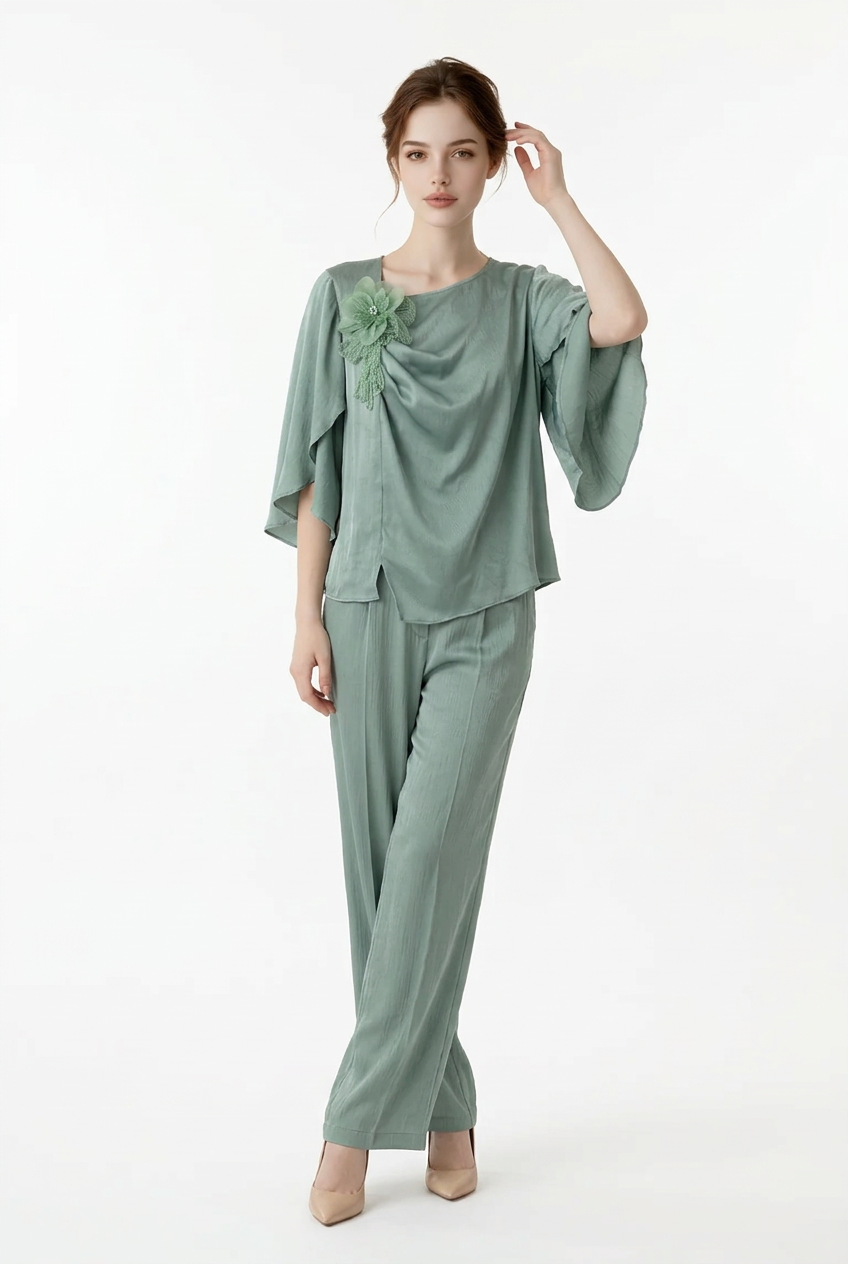 204 Mint Satin Set with Draped Bust & Appliqué Detail