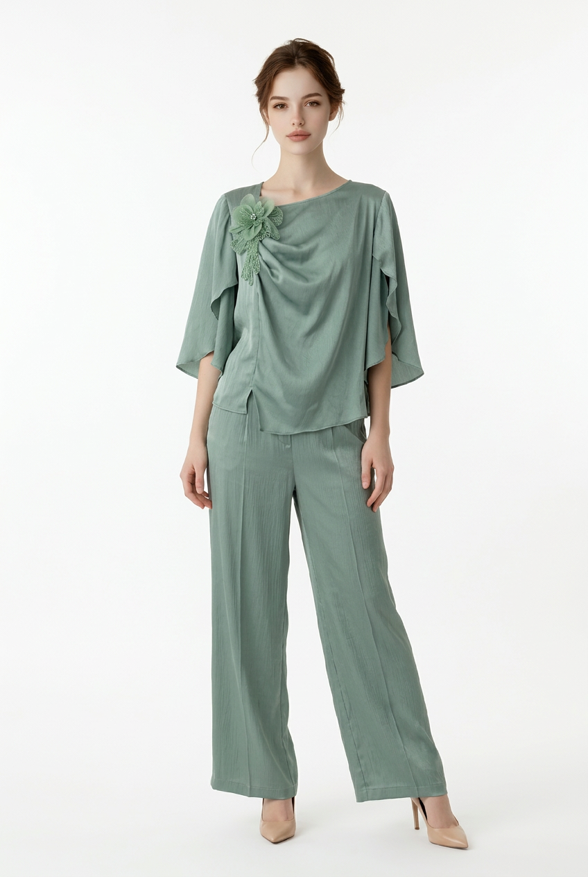 204 Mint Satin Set with Draped Bust & Appliqué Detail