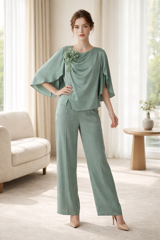 204 Mint Satin Set with Draped Bust & Appliqué Detail