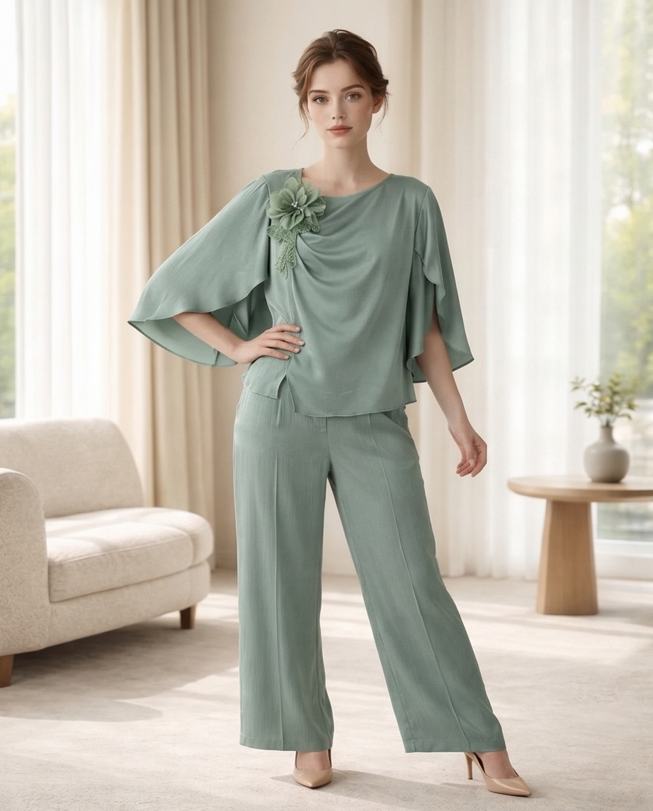 204 Mint Satin Set with Draped Bust & Appliqué Detail