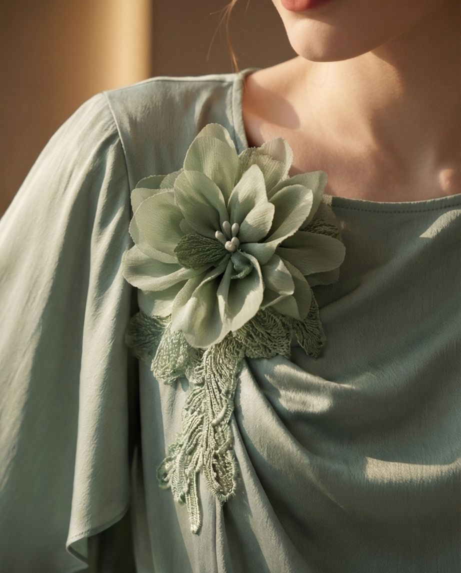 204 Mint Satin Set with Draped Bust & Appliqué Detail