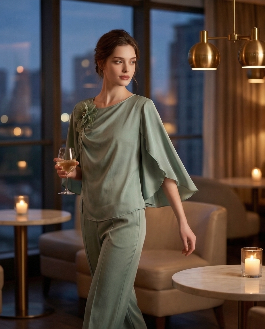 204 Mint Satin Set with Draped Bust & Appliqué Detail