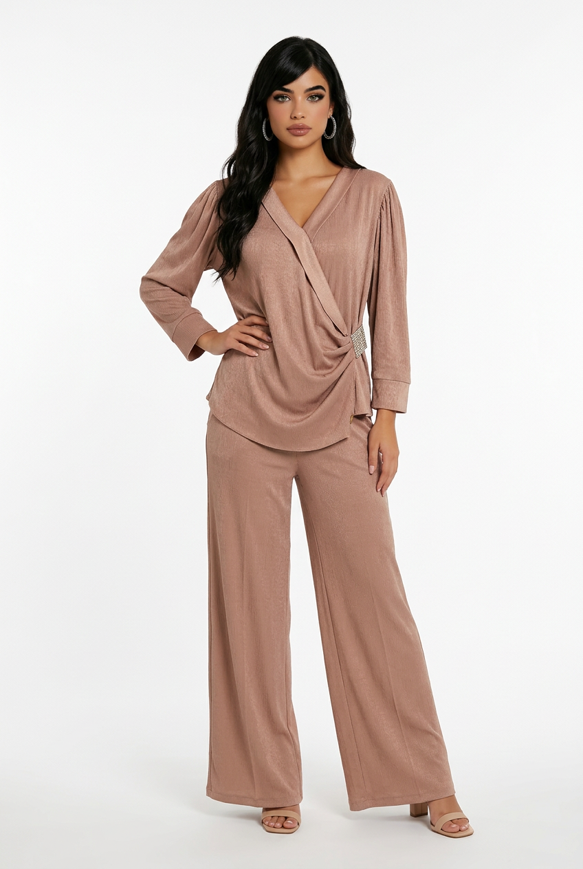 203  Nude-Beige Satin Set with Wrap Top & Crystal Detail