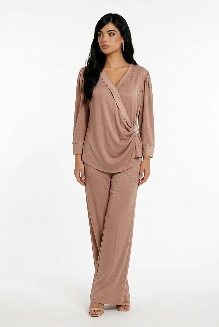 203  Nude-Beige Satin Set with Wrap Top & Crystal Detail