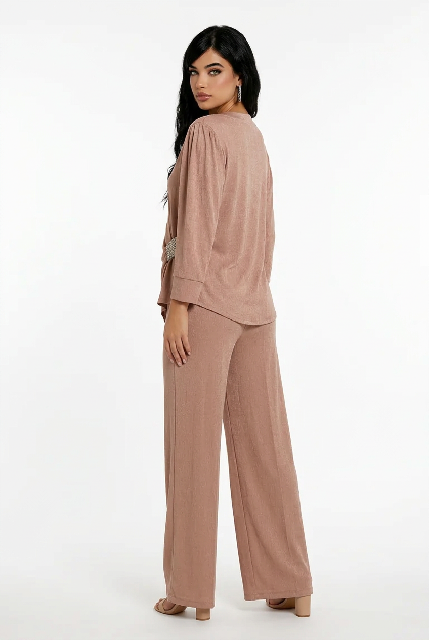 203  Nude-Beige Satin Set with Wrap Top & Crystal Detail