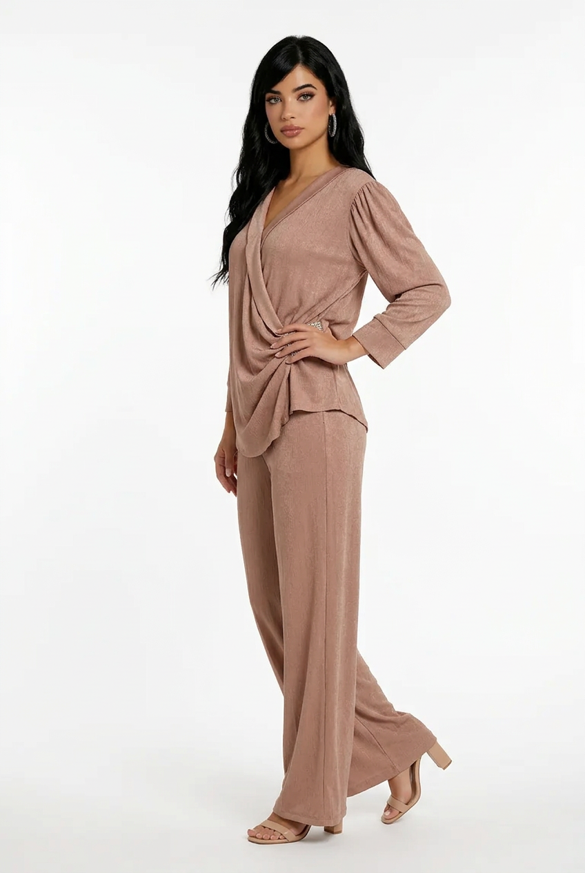 203  Nude-Beige Satin Set with Wrap Top & Crystal Detail
