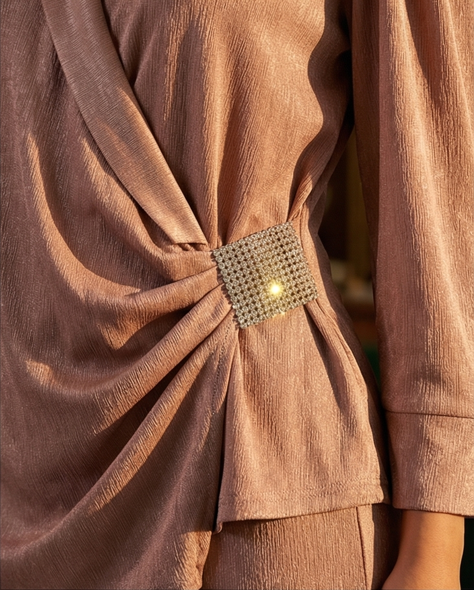 203  Nude-Beige Satin Set with Wrap Top & Crystal Detail