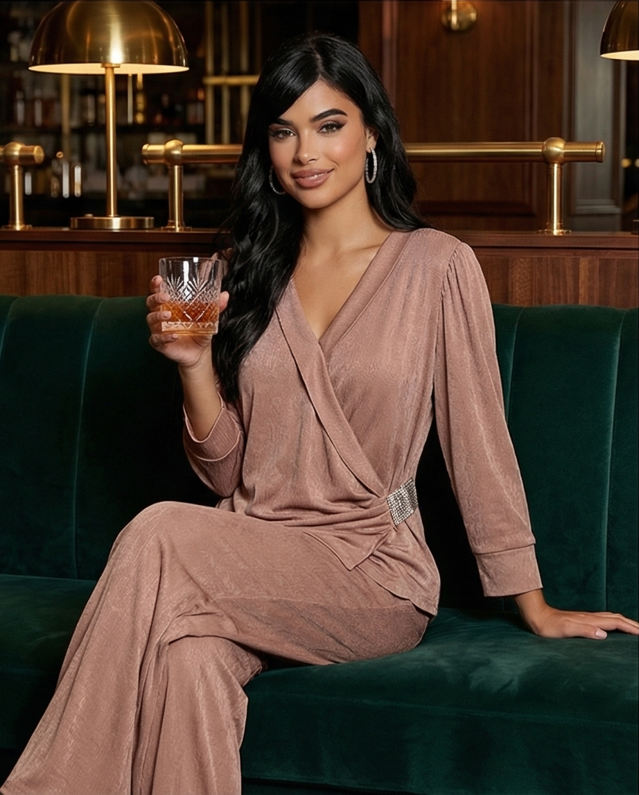 203  Nude-Beige Satin Set with Wrap Top & Crystal Detail