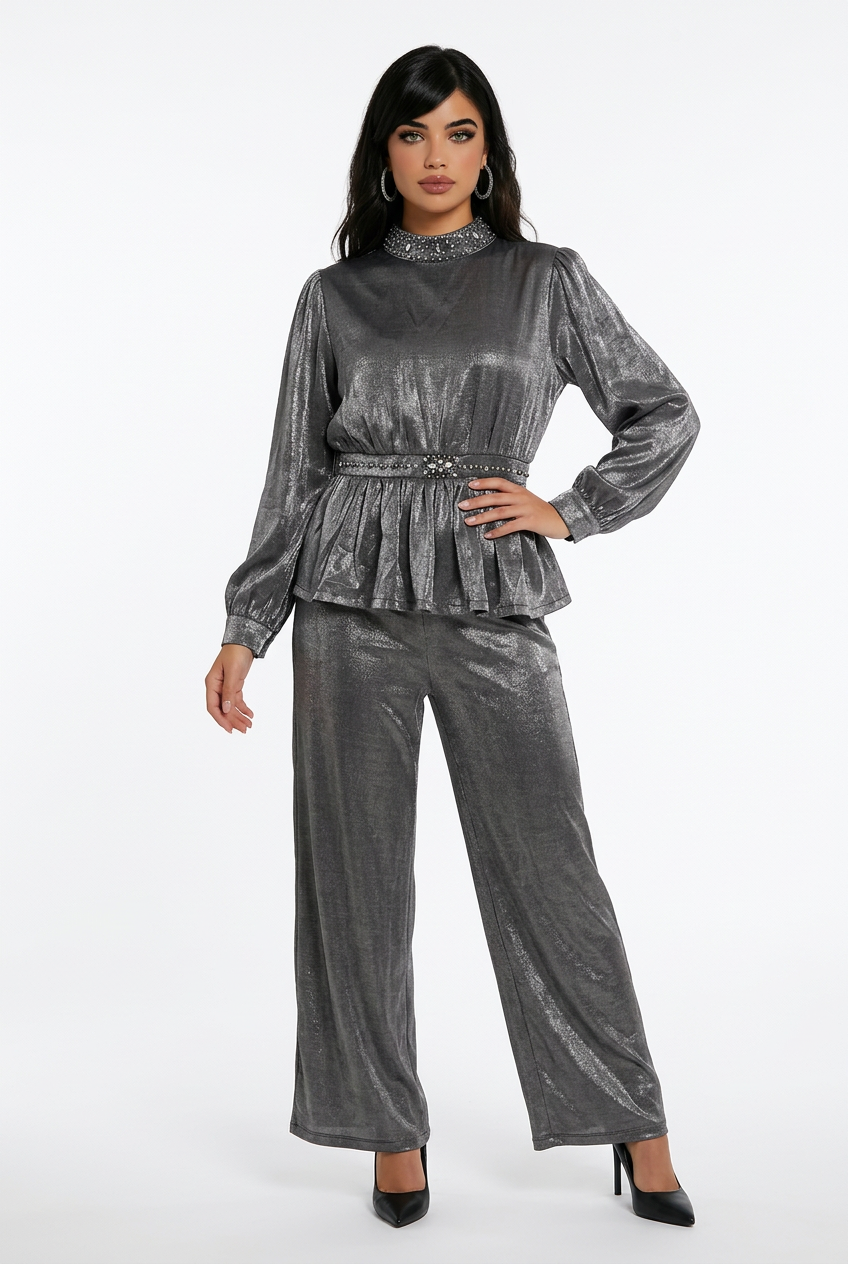 202 Silver-Grey Satin Set with Embellished Mao Collar