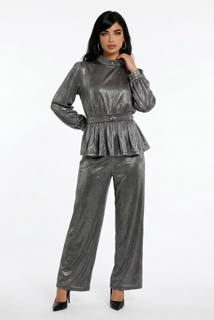 202 Silver-Grey Satin Set with Embellished Mao Collar