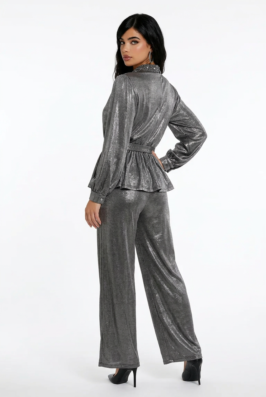 202 Silver-Grey Satin Set with Embellished Mao Collar