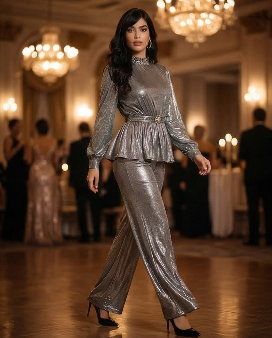202 Silver-Grey Satin Set with Embellished Mao Collar