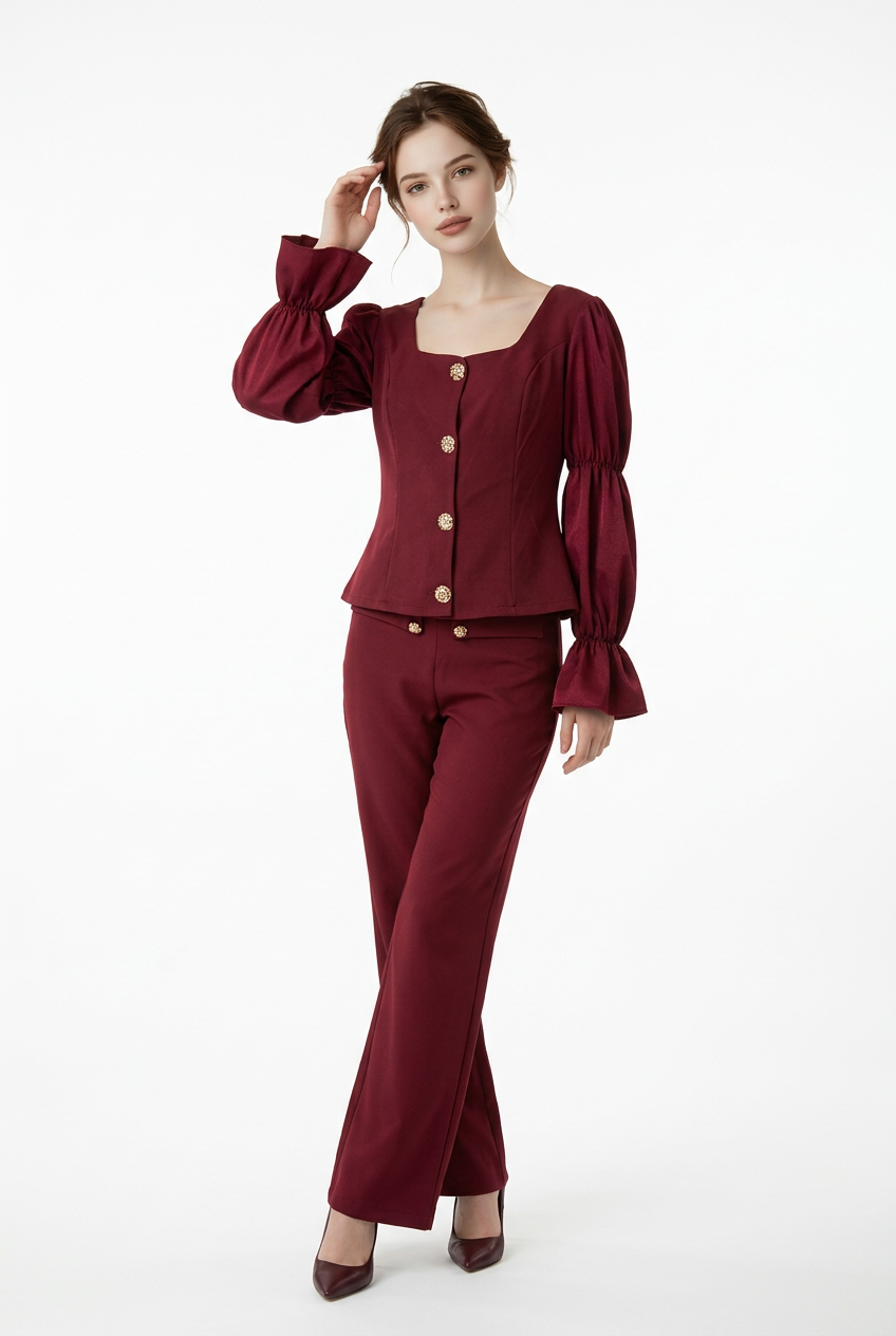 201 Cherry-Bordeaux Crepe & Satin Set with Luxurious Gold Buttons