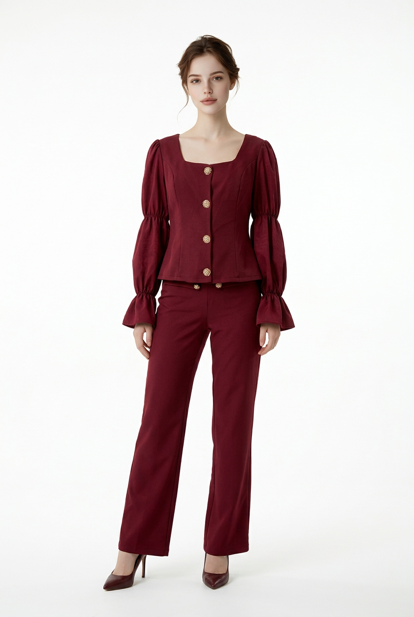 201 Cherry-Bordeaux Crepe & Satin Set with Luxurious Gold Buttons