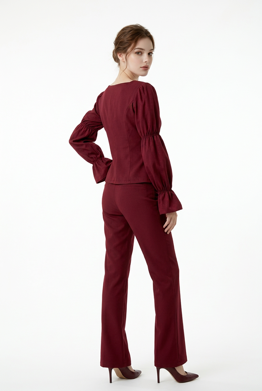 201 Cherry-Bordeaux Crepe & Satin Set with Luxurious Gold Buttons