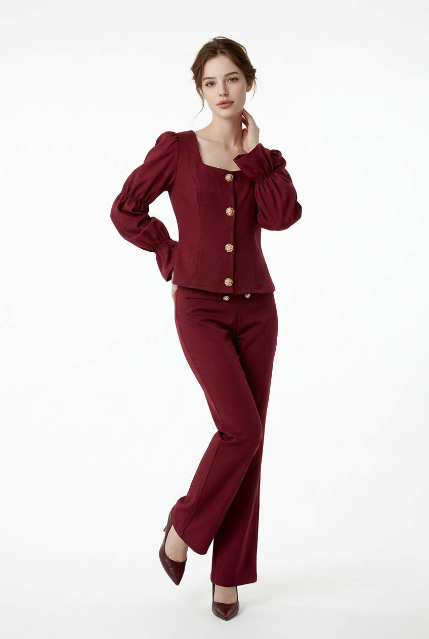 201 Cherry-Bordeaux Crepe & Satin Set with Luxurious Gold Buttons