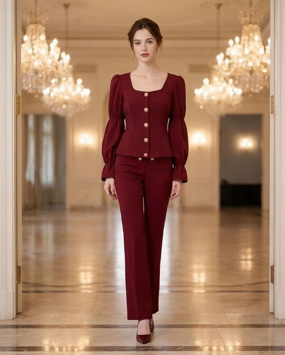 201 Cherry-Bordeaux Crepe & Satin Set with Luxurious Gold Buttons