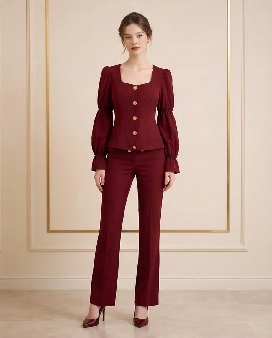 201 Cherry-Bordeaux Crepe & Satin Set with Luxurious Gold Buttons