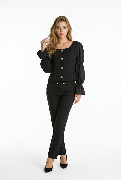 225   Black Crepe & Satin Ensemble