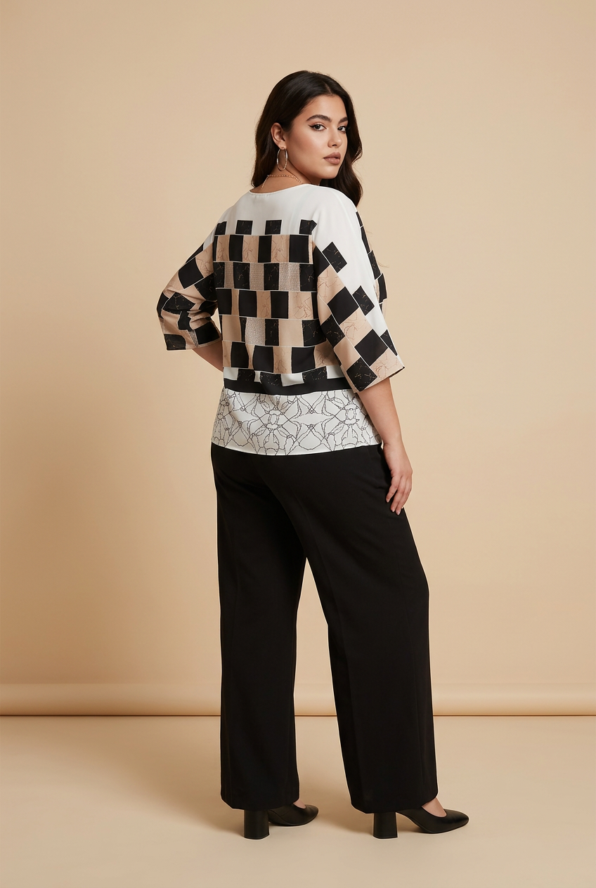 209 Plus Size 2-Piece Set – Digital Print Georgette Blouse & Black Crepe Trousers