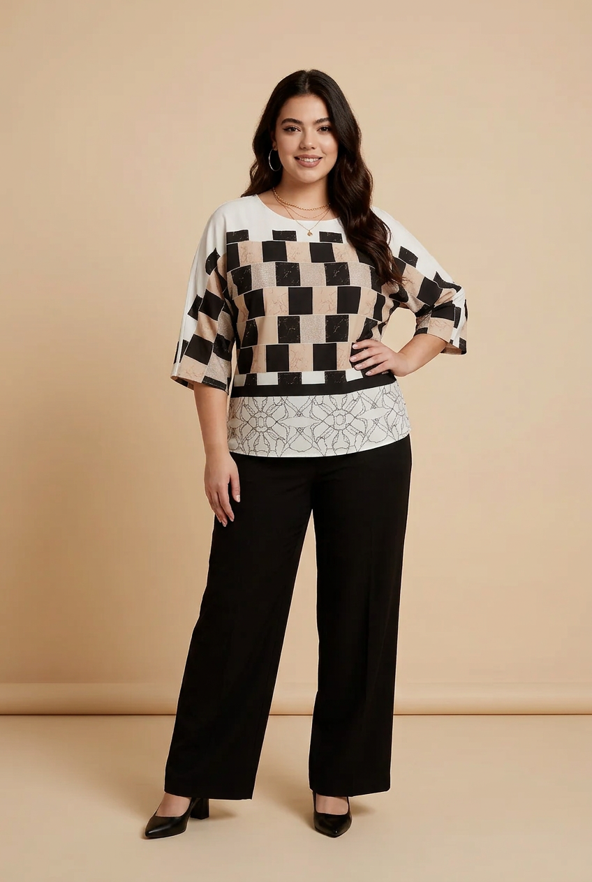 209 Plus Size 2-Piece Set – Digital Print Georgette Blouse & Black Crepe Trousers