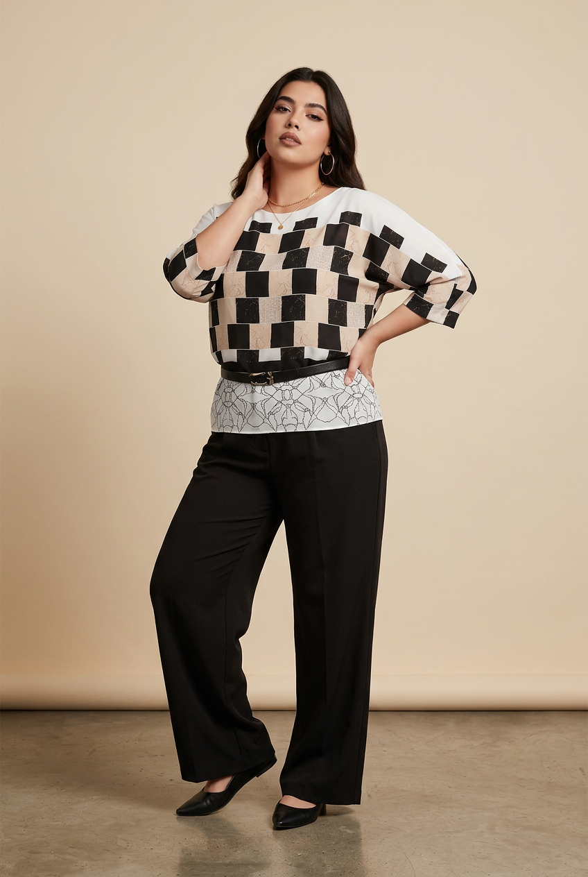 209 Plus Size 2-Piece Set – Digital Print Georgette Blouse & Black Crepe Trousers