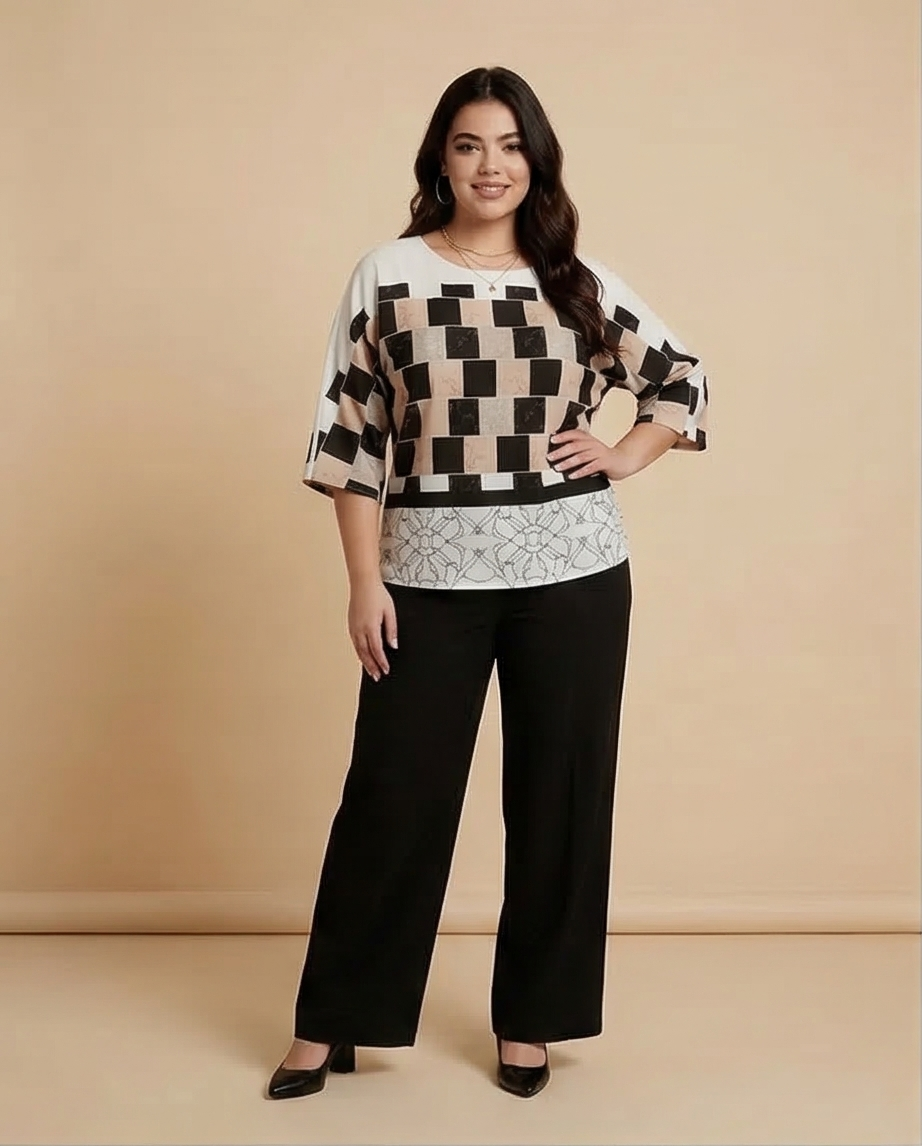 209 Plus Size 2-Piece Set – Digital Print Georgette Blouse & Black Crepe Trousers
