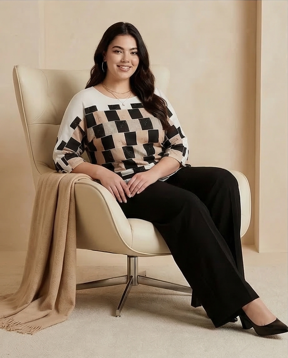 209 Plus Size 2-Piece Set – Digital Print Georgette Blouse & Black Crepe Trousers