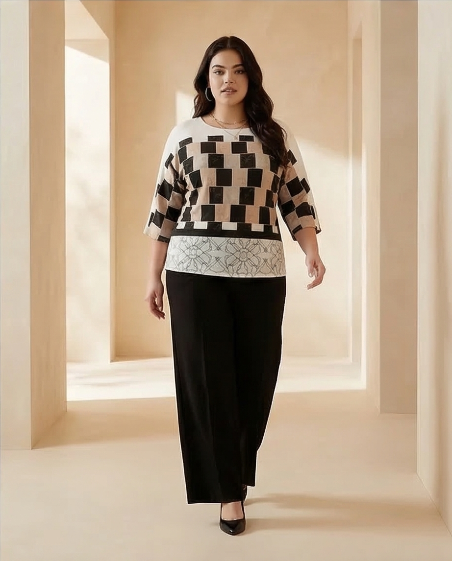 209 Plus Size 2-Piece Set – Digital Print Georgette Blouse & Black Crepe Trousers