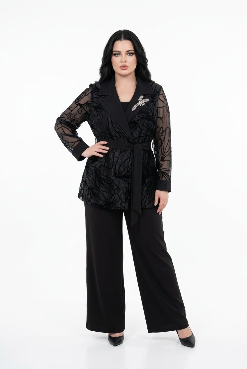 208 Plus Size 3-Piece Black Set – Crepe Trousers & Top with Belted Devoré Organza Cardigan