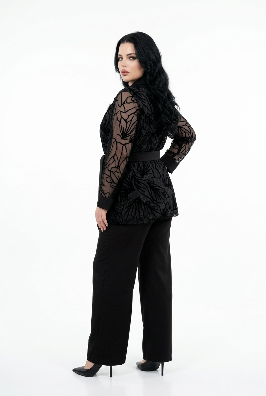 208 Plus Size 3-Piece Black Set – Crepe Trousers & Top with Belted Devoré Organza Cardigan