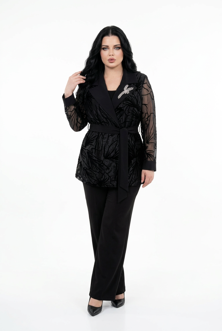 208 Plus Size 3-Piece Black Set – Crepe Trousers & Top with Belted Devoré Organza Cardigan
