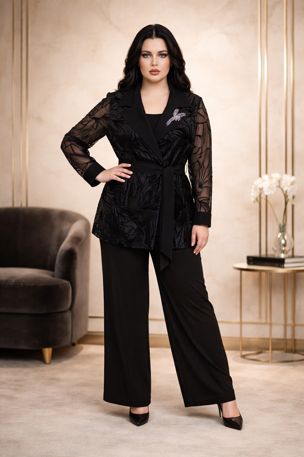 208 Plus Size 3-Piece Black Set – Crepe Trousers & Top with Belted Devoré Organza Cardigan